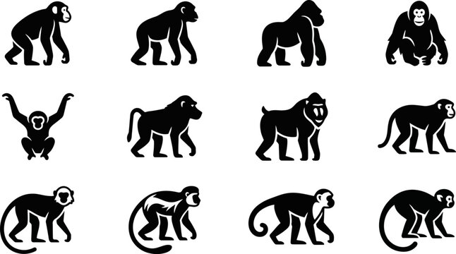 Collection of black monkey and ape silhouette icons.