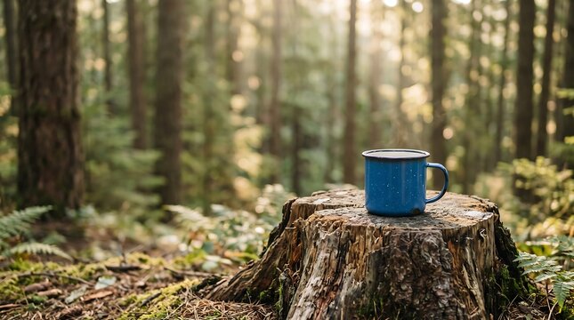Blue Camping Mug on Tree Stump with Forest Copy Space
