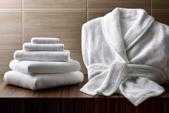 White plush bathrobe and towel stack. Spa luxury wellness concept.