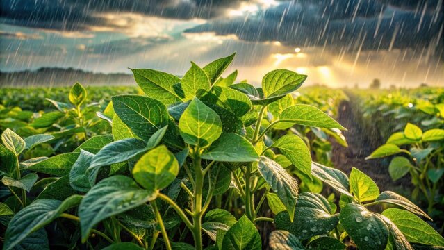 Soybean crops flourishing in heavy summer rain shower