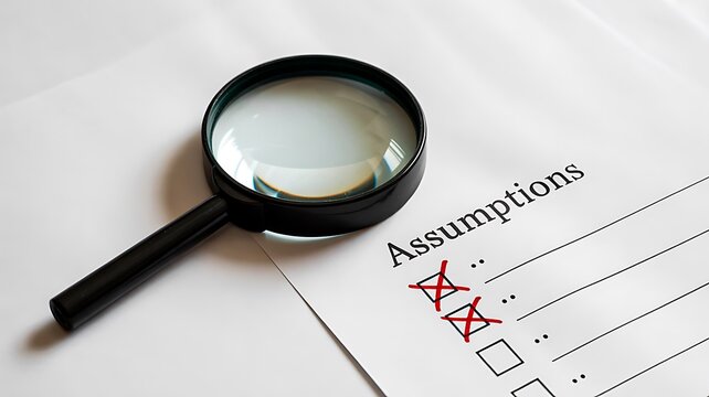 Business assumptions analysis with magnifying glass and checklist document