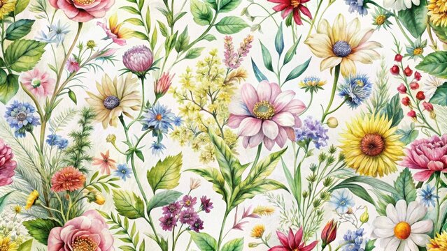 Watercolor seamless pattern background with wildflowers and leaves