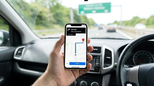 Driver using navigation app on smartphone in car during daytime travel