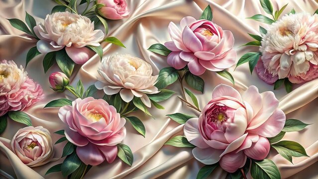 Delicate peonies on silk fabric in gentle light