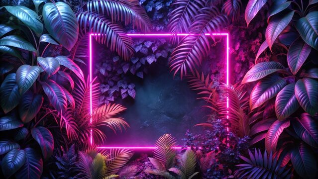 Vibrant dark purple and pink neon frame surrounded by foliage