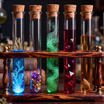 An ornate wooden stand holds five corked glass test tubes, displaying colorful, glowing liquids, crystals, and a preserved insect specimen.