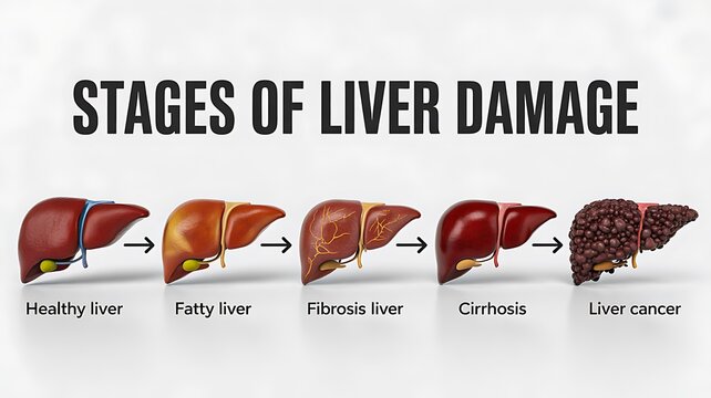 Stages of liver damage infographic showing healthy liver fatty liver fibrosis cirrhosis and liver cancer