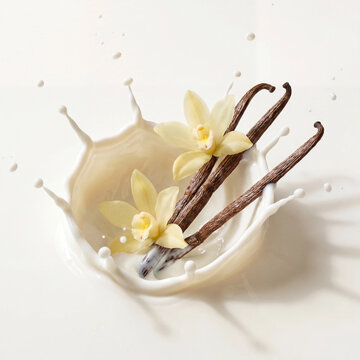 Captivating High-Speed Shot of Aromatic Vanilla Bean Pods and Delicate Flowers Splashing into a Rich, Creamy White Liquid