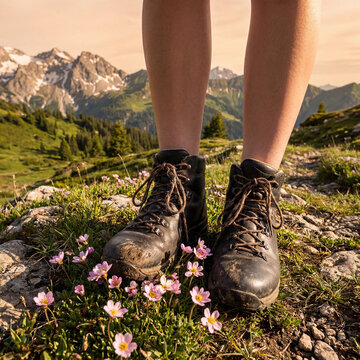 Trekking through alpine meadows: Worn hiking boots pause amidst tiny pink blossoms, framed by towering, distant snow-streaked mountains.