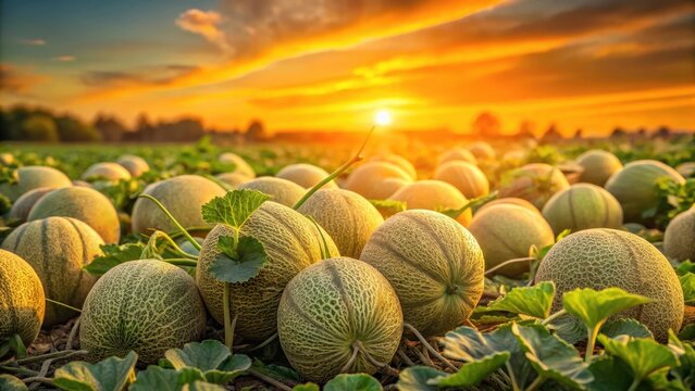 Ripe cantaloupes at sunset in a lush field