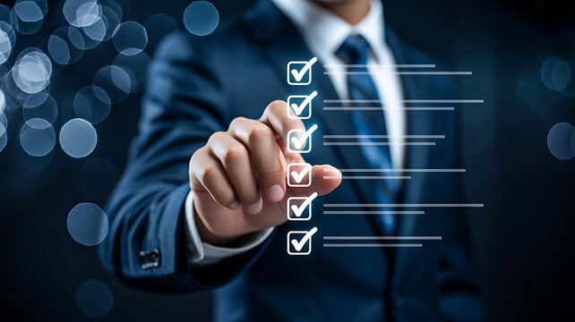 Business professional completing checklist for quality assurance and compliance management