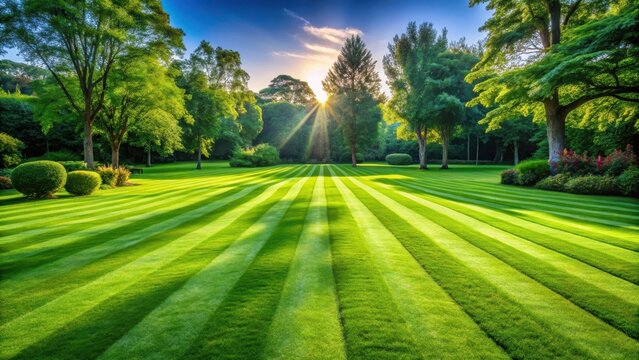 Lush green lawn with striped patterns creating a serene and vibrant atmosphere