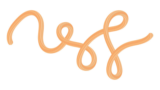 Single long noodle pasta vector illustration, wavy spaghetti strand with textured ridges, realistic wheat pasta element for food packaging