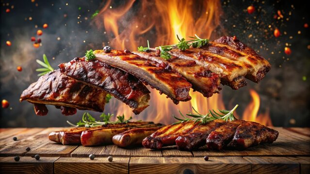 Delicious levitating grilled bbq ribs on rustic background
