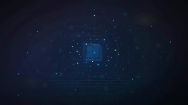 Abstract futuristic digital interface with glowing blue data particles and geometric HUD elements on dark background