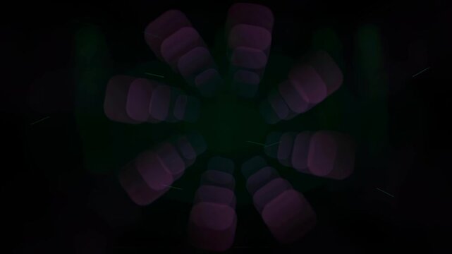 Abstract purple geometric shapes rotating in a dark void with digital glitch effects