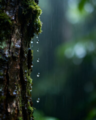 Fototapeta premium Macro view of crystal clear water droplets falling from moss covered tree bark during a heavy tropical rainstorm in the wilderness
