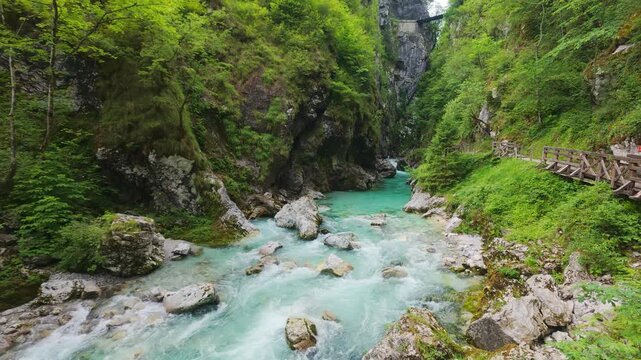 Turquoise water rushes through Tolmin Gorge surrounded by mossy rocks and vibrant green forest with a wooden walkway along the riverbank.