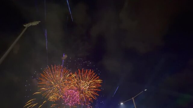 Spectacular fireworks and laser light show illuminating the night sky in Mahe during the 50th Independence Day anniversary celebration of Seychelles.