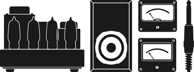 Vintage Tube Amplifier and Audiophile Speaker Silhouette Set with Dual VU Level Meters © MstAnjuAra
