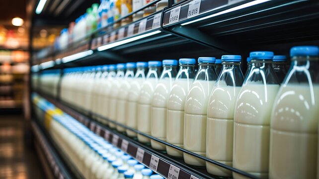  Fresh milk bottles displayed on supermarket refrigerator shelf