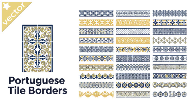 Portuguese tile borders set, traditional azulejo pattern collection in blue and gold, 30 vector geometric ceramic frame elements for Mediterranean decor