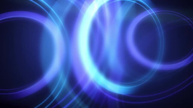Abstract blue neon circles glowing and rotating in dark motion background