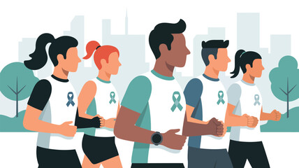 Fototapeta premium Runners participating in a charity marathon wear shirts with awareness ribbons to symbolize support for a health cause while jogging through a stylized urban park setting near modern city buildings.