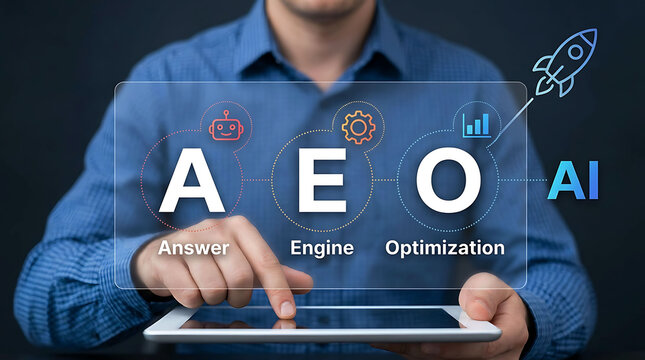 AEO answer engine optimization AI concept with tablet interface