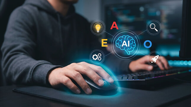AEO AI search optimization concept with digital marketing technology