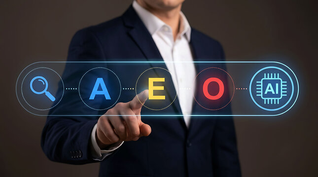 AEO AI search optimization concept with businessman using digital interface