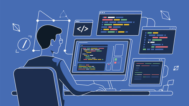 Programmer working intently at a desktop computer monitor while surrounded by multiple digital code windows.