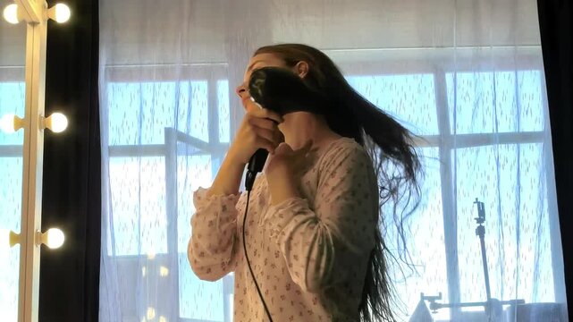 Long Hair Blow Drying During Home Beauty Routine
