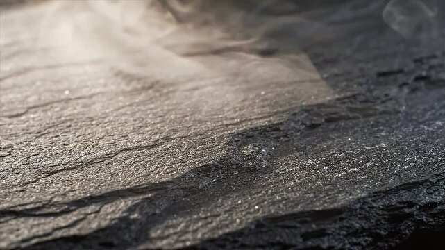 White smoke blowing softly over a dark textured slate stone surface with cinematic lighting.