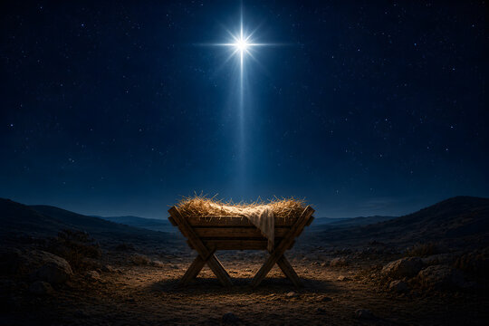 A scene of an empty manger, a bright star at sky with a concept of nativity and Christianity