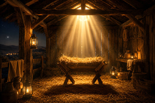 A scene of an empty manger, a bright star at sky with a concept of nativity and Christianity