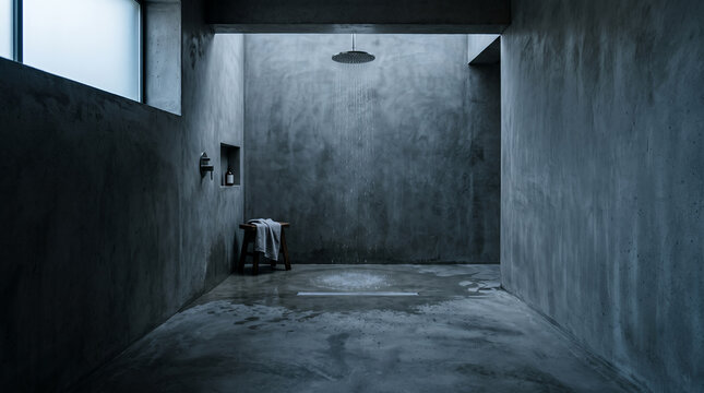Dark concrete wet room with rainfall shower and wooden stool
