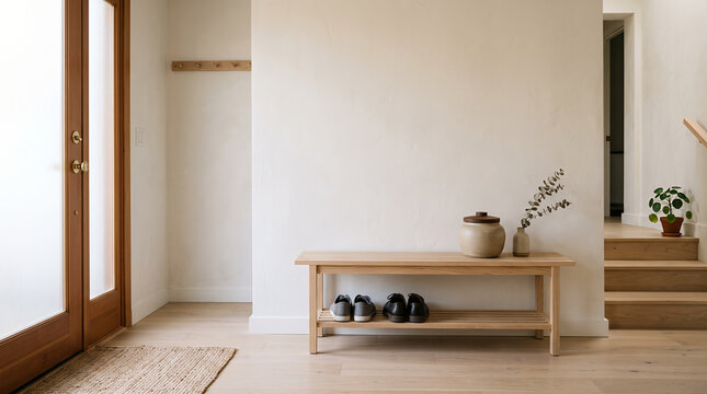 Wooden shoe bench and coat pegs in a bright minimalist entryway