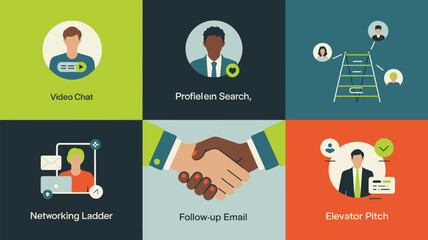 Fototapeta premium Professional networking concepts appear in a grid format showcasing video chat, profile searching, hiring, email communication, and successful handshake deals for modern corporate job seekers.
