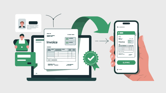 Invoice billing processes are digitized and streamlined through a mobile application and laptop interface to ensure efficient financial management for modern business owners and their daily accounts.