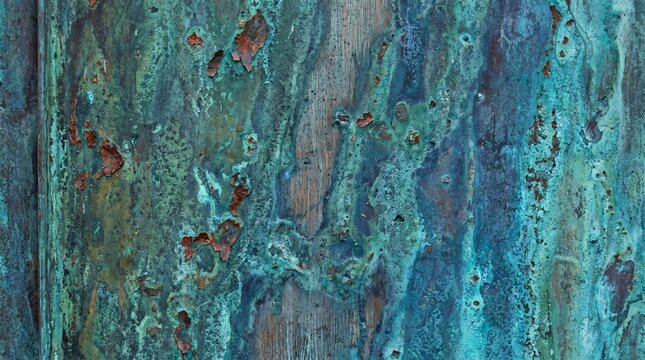 Weathered copper facade panel showing intricate verdigris and rust oxidation patterns
