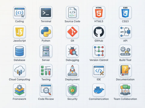 A collection of various programming icons and logos for coding, development, and technology displayed on a screen.
