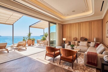 Fototapeta premium Elegant hotel lounge with fireplace and scenic coastal views