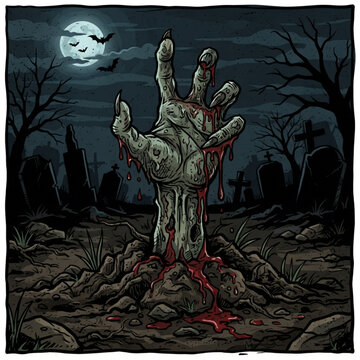 A bloody zombie hand rises from a dark graveyard at night