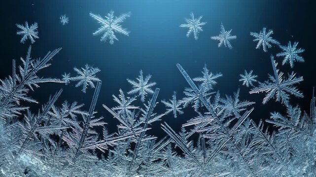 Macro time lapse of geometric ice frost crystals and snowflakes growing on glass surface