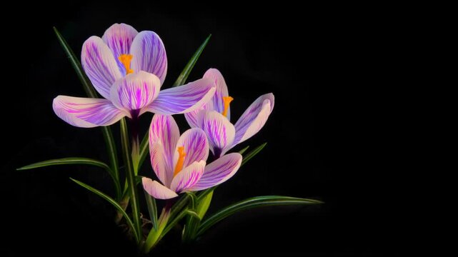 Spring crocus flowers blooming against a black background a close up view.
