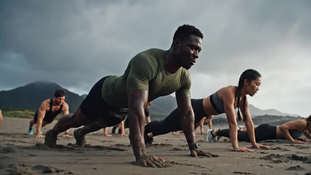 Diverse group exercising with push-ups on rugged beach mountains