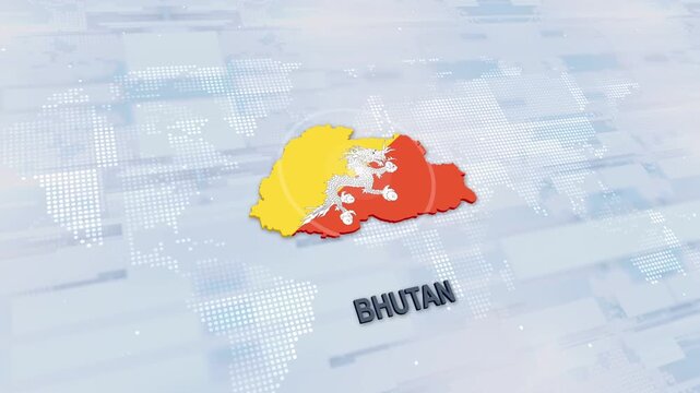 Displaying Bhutan Map With Flag On Technology World Map Background