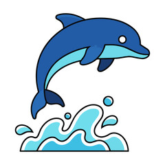 Fototapeta premium Stylized cartoon dolphin leaping in a graceful arc with bold flat colors and minimal geometry isolated on a white background, marine life concept