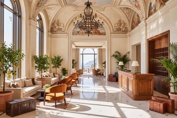 Fototapeta premium Grand Mediterranean hotel lobby with elegant architectural details